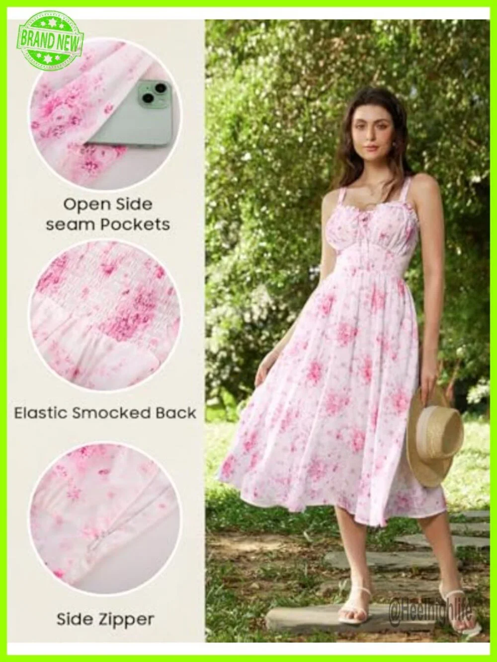 Floral Corset Milkmaid Midi Dress with Pockets Square Neck Adjustable Straps